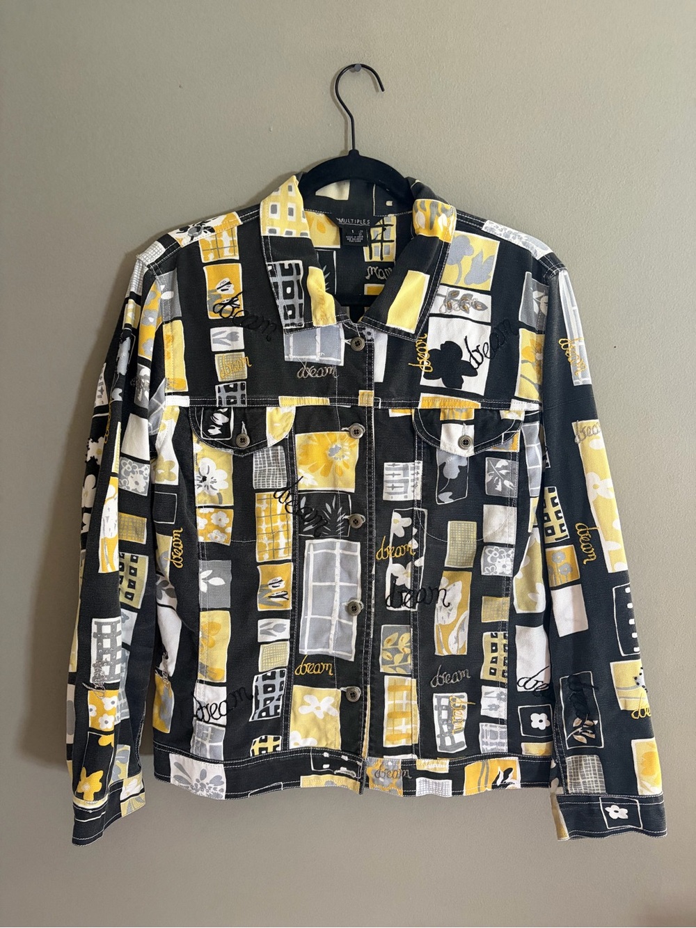 Multiples 1X Jacket Abstract Yellow Black Art Patchwork Beaded Embroidered Boho